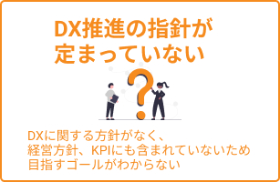 DX推進の指針が定まっていない DXに関する方針がなく、経営方針、KPIにも含まれていないため目指すゴールがわからない
