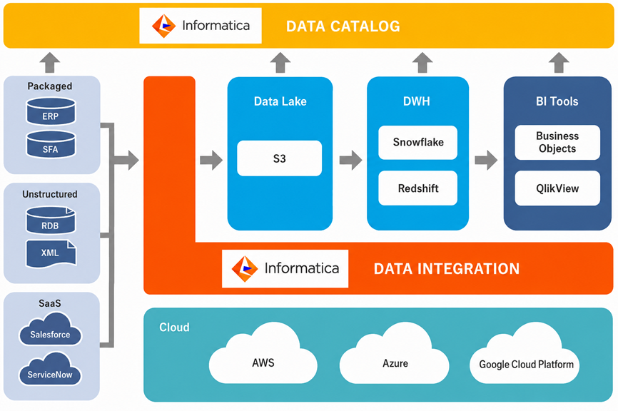 Cloud: AWS, Azure, Google Cloud Platform ERP and SFA packages, ROB and XML scratch, SaaS salesforce, ServiceNow to Informatica, DataLake S3 to DWH Snowflake, Redshift, and leads to BI tools Business Objects and QlikView. From each of these, it leads to Informatica's data catalog.