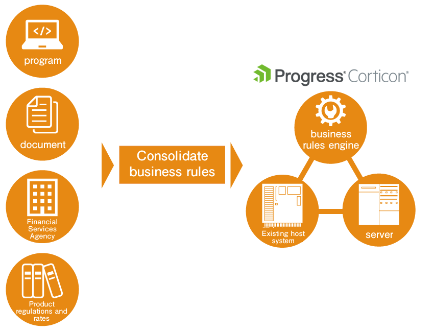 Programs, documents, FSA, product default rates →Consolidate business →Progress Corticon: business rules engine, servers, existing host systems