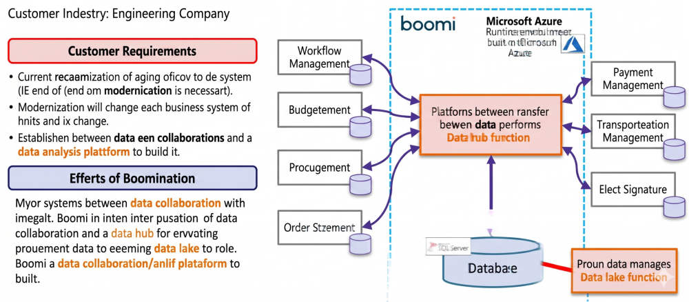 Customer Industry: Engineering Company Customer Requirements: The current procurement system has become obsolete (IE support has ended) and needs to be renewed. The functions and roles of each business system will change as a result of the renewal. The company wants to establish data linkage between each system and build a data analysis infrastructure. Effects of introducing Boomi: Data linkage between major systems was integrated into Boomi, and the roles of data hub and data lake for data linkage between systems were given to Boomi to establish a data linkage and analysis infrastructure.