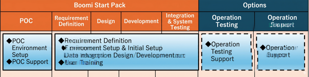 ＜Boomi Start Pack＞ POC: POC environment construction, POC support requirement definition, design, construction, and integration, comprehensive testing: requirement definition, environment construction and initial setup, data integration design/development, user training ＜Options＞ Operational testing: operational testing support Operational support: operational support